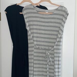 Striped Gray and Solid Black Women's Cap Sleeve Midi Dresses